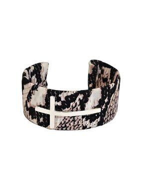 Silver Tone Christian Cross Open Cuff Animal Print Cloth Adjustsble Bracelet